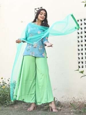 satin short kurta sharara set