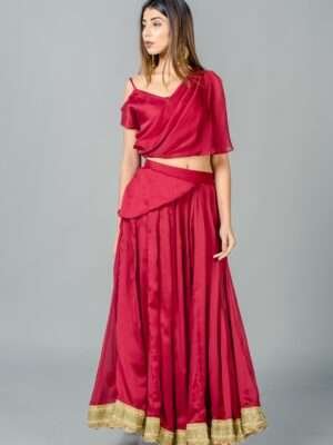 Red Draped Lehenga Set