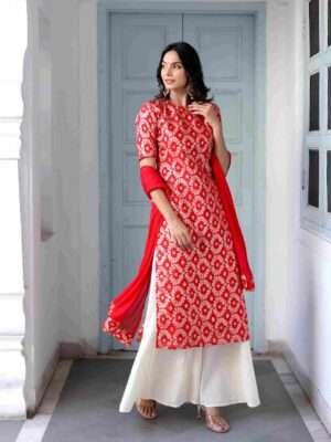 Red Brocade Pallazo Suit Set