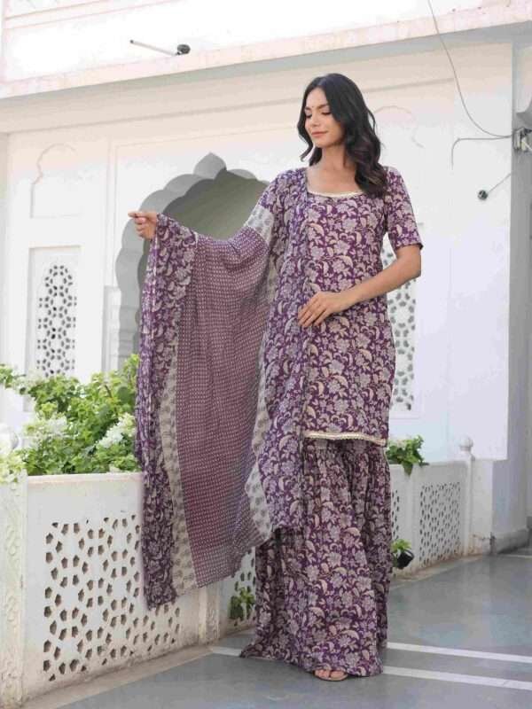 Cotton Wine Sharara Suit Set