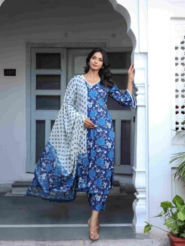 Floral Blue Cotton Straight Suit Set