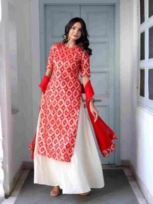 Red Brocade Pallazo Suit Set