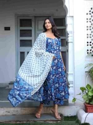 Flare Blue Cotton Printed Suit Set