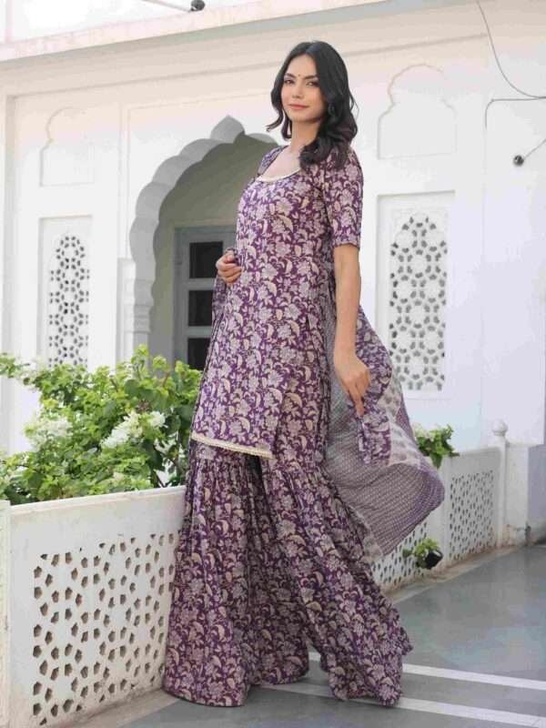 Cotton Wine Sharara Suit Set