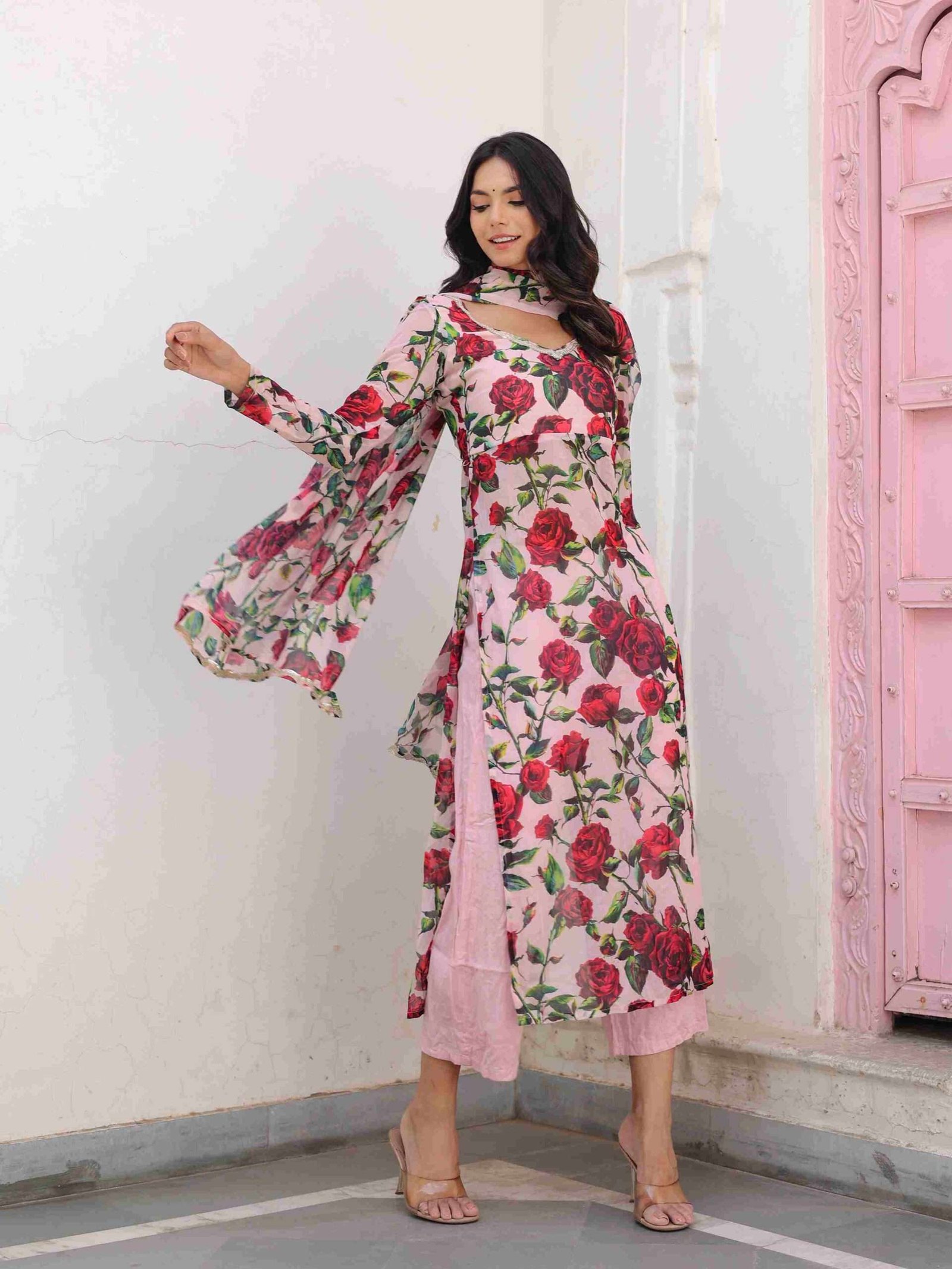 Chiffon Rose Print Suit Set