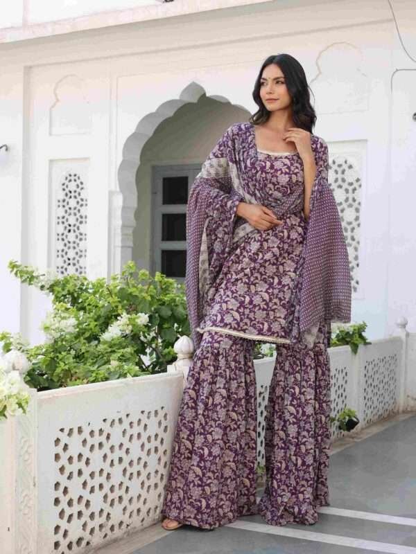 Cotton Wine Sharara Suit Set