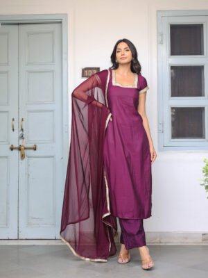 Wine Muslin Straight Suit Set