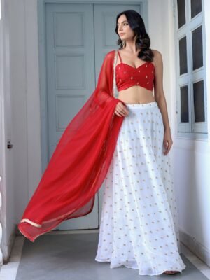 Red and White Lehenga Set