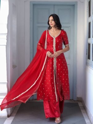 Red Embroidered Silk Front Slit Suit