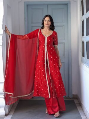 Red Embroidered Silk Front Slit Suit