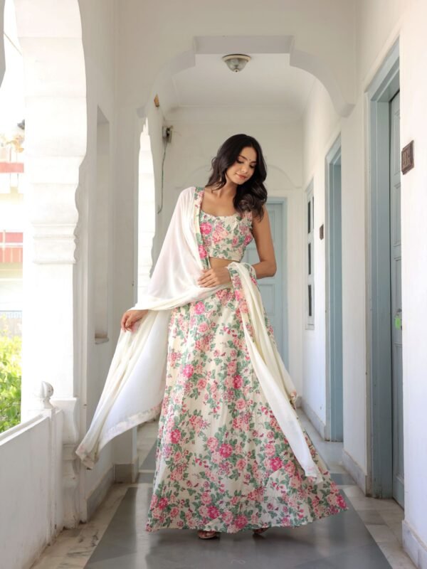 White Floral Cotton Lehenga Set