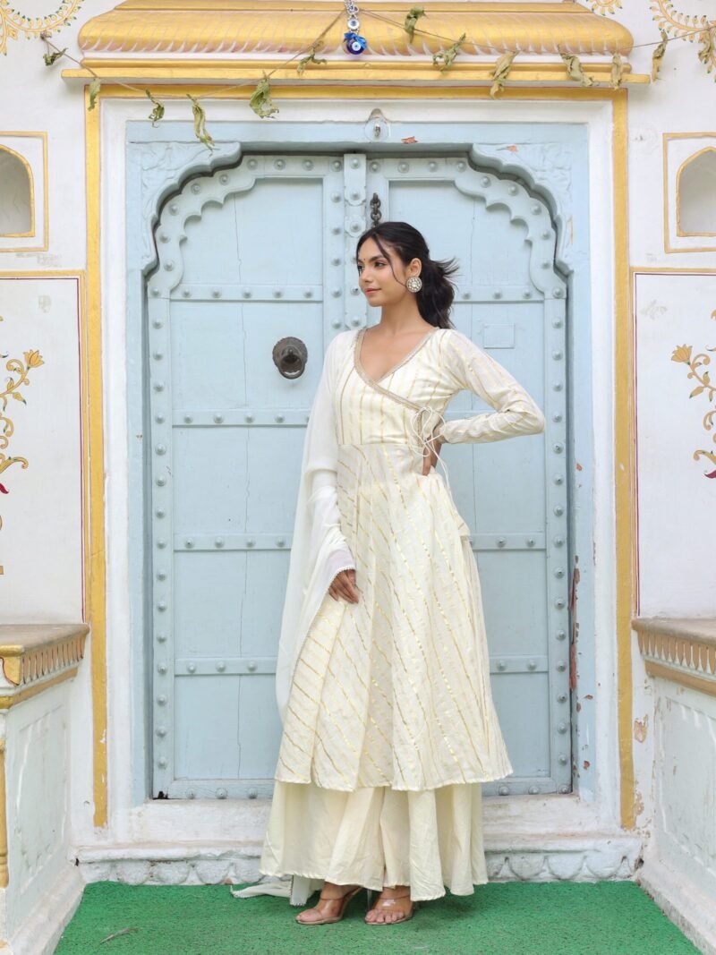 Cotton Golden Stripe Angrakha Suit Set - Image 4