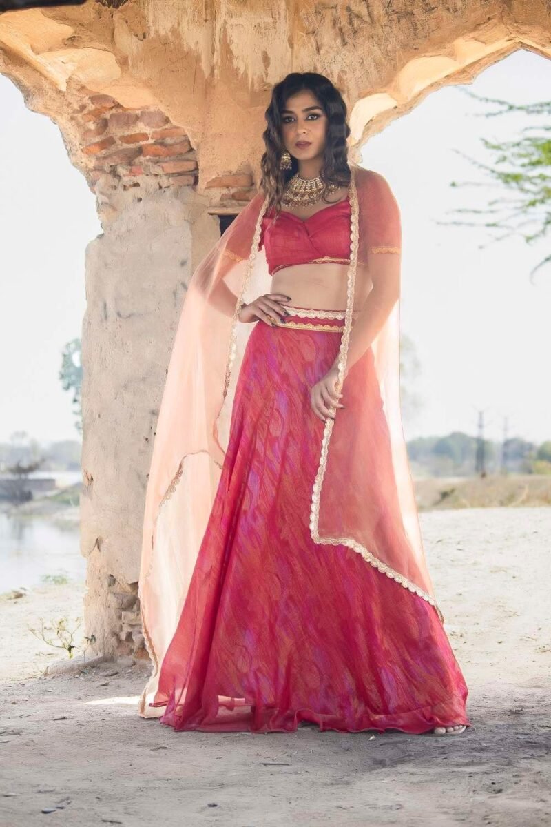 Red Gold Foil Print Lehenga Set