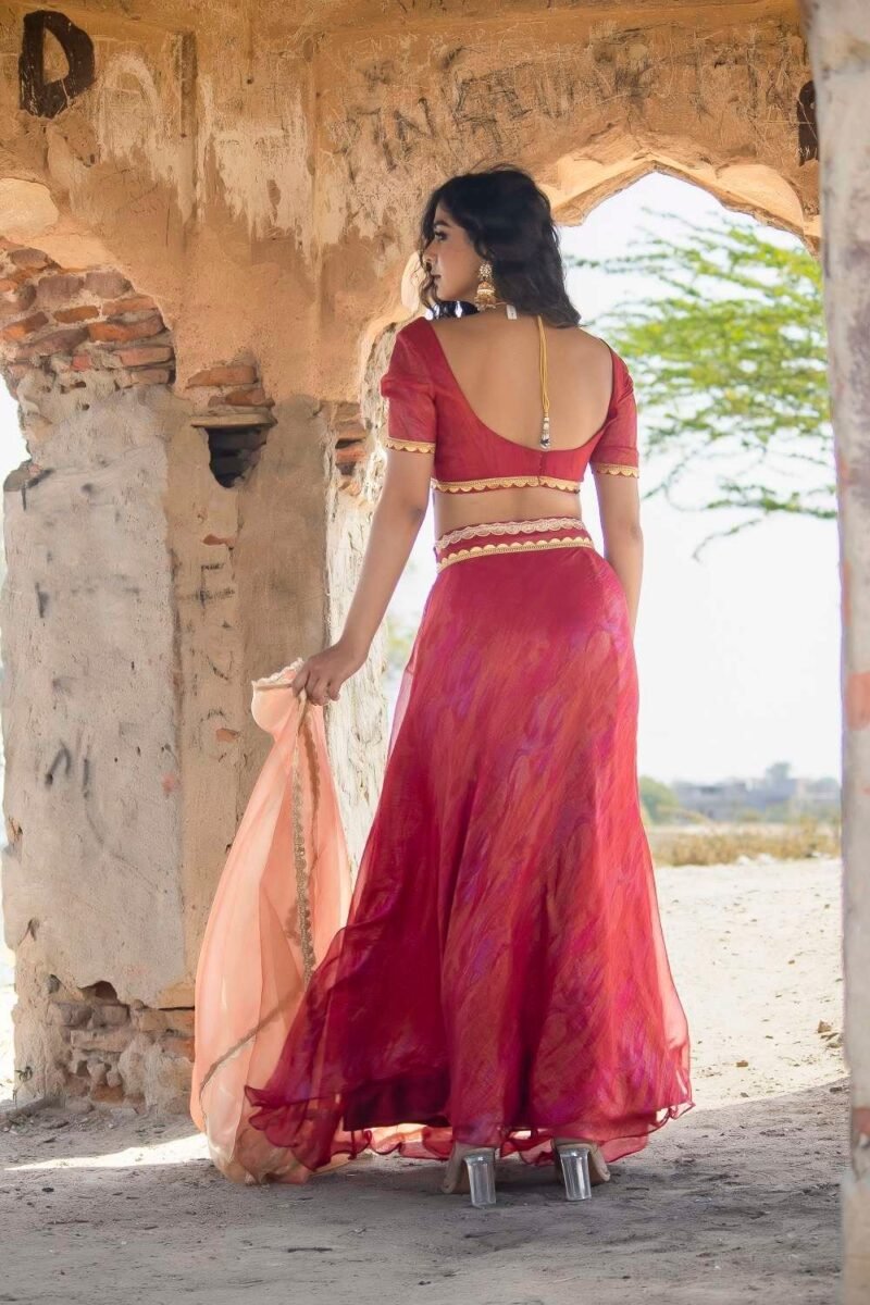 Red Gold Foil Print Lehenga Set - Image 3