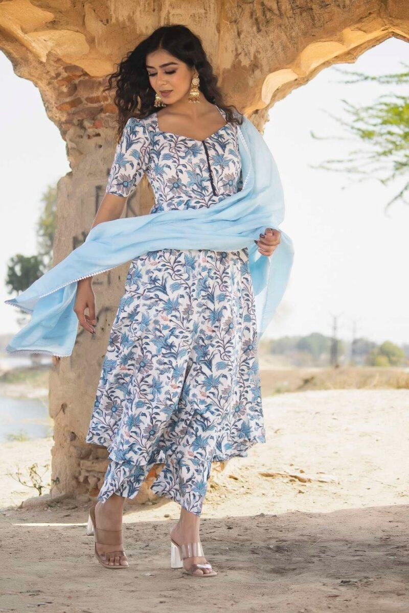 White Cotton Printed Suit Set - Image 2