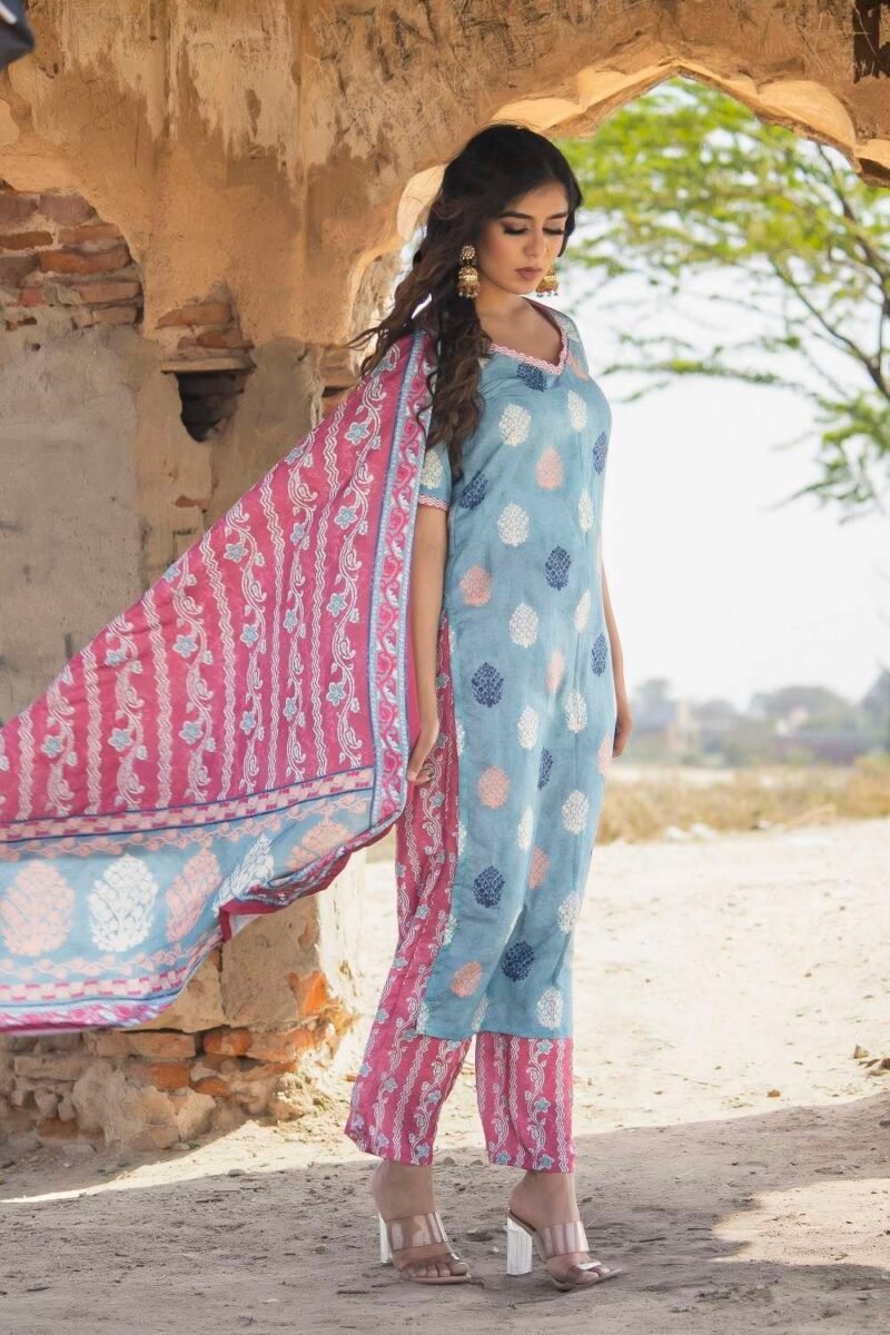 Blue&Pink Muslin Suit Set - Image 3