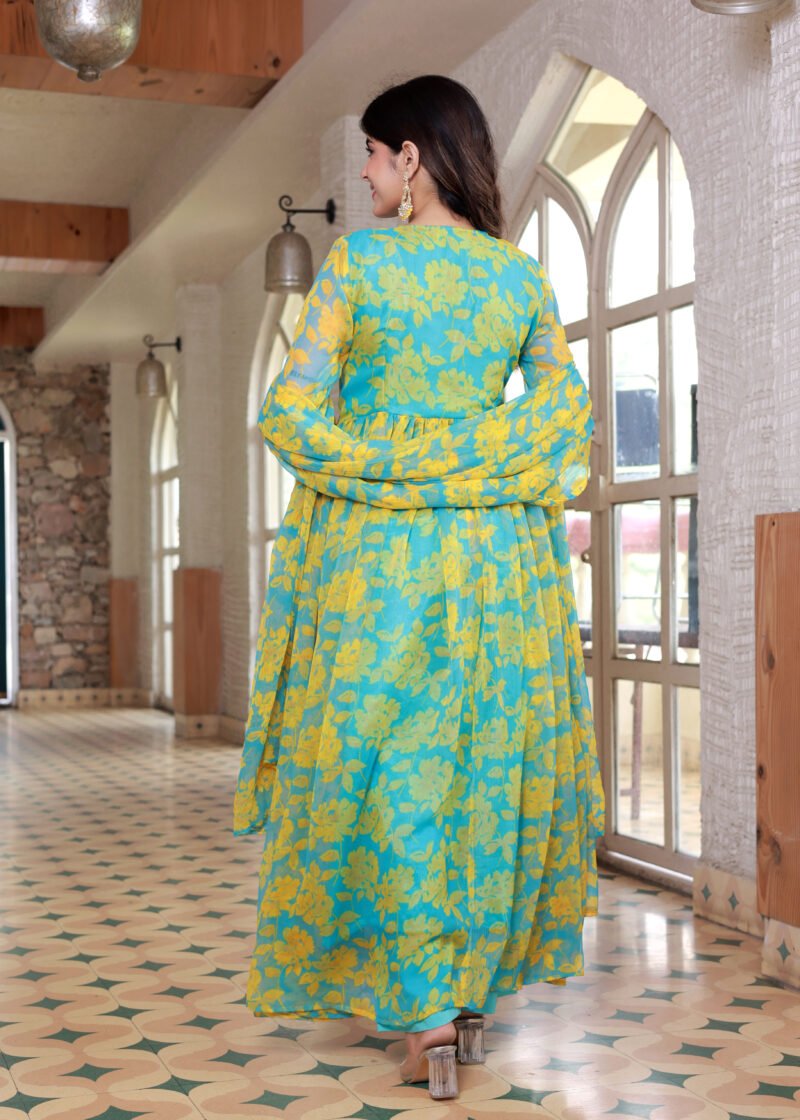 chiffon yellow blue suit set