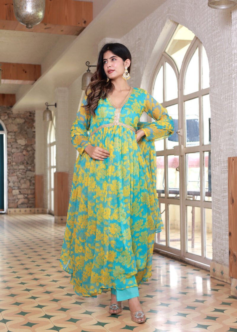 chiffon yellow blue suit set