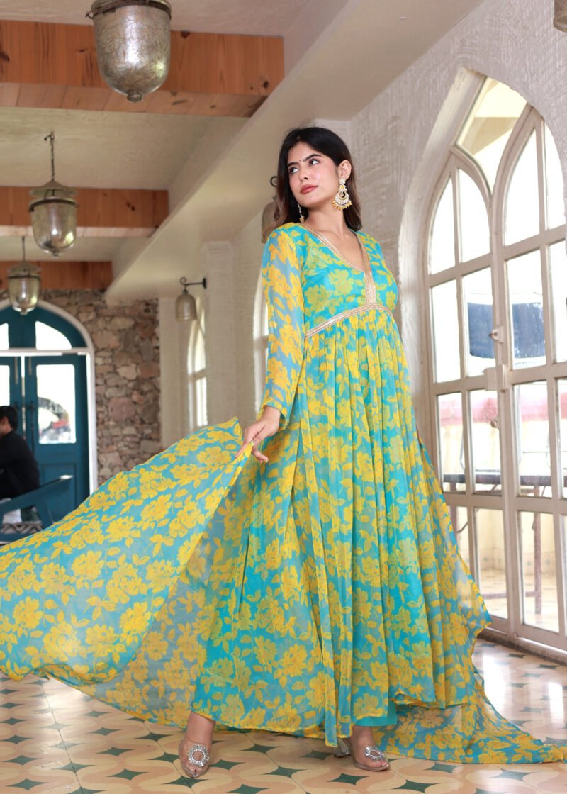 chiffon yellow blue suit set