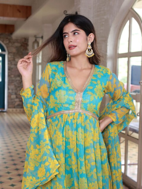 chiffon yellow blue suit set