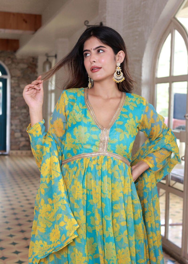 chiffon yellow blue suit set