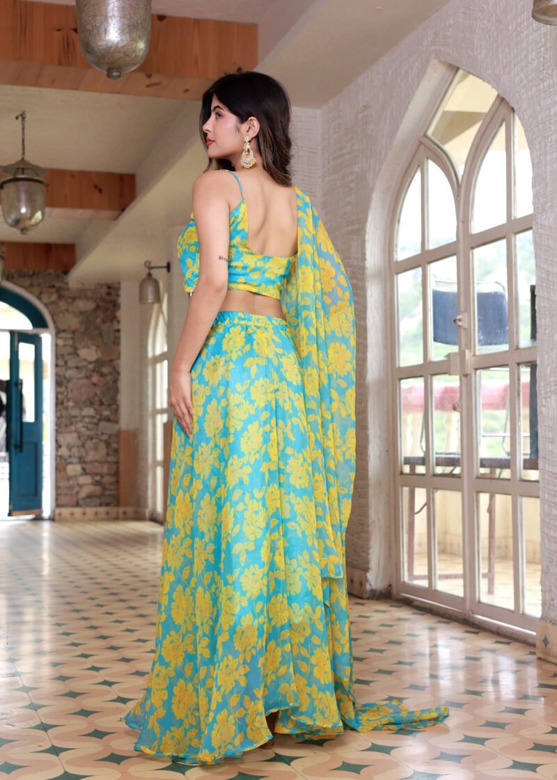 chiffon yellow blue lehenga set