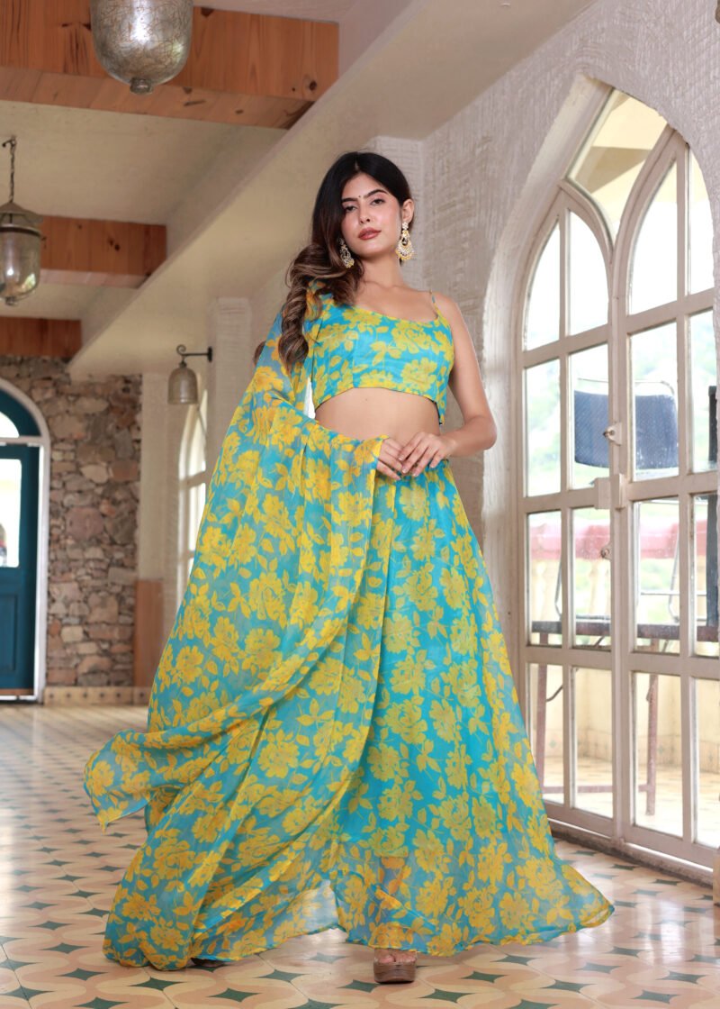 chiffon yellow blue lehenga set