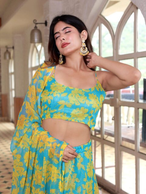 chiffon yellow blue lehenga set