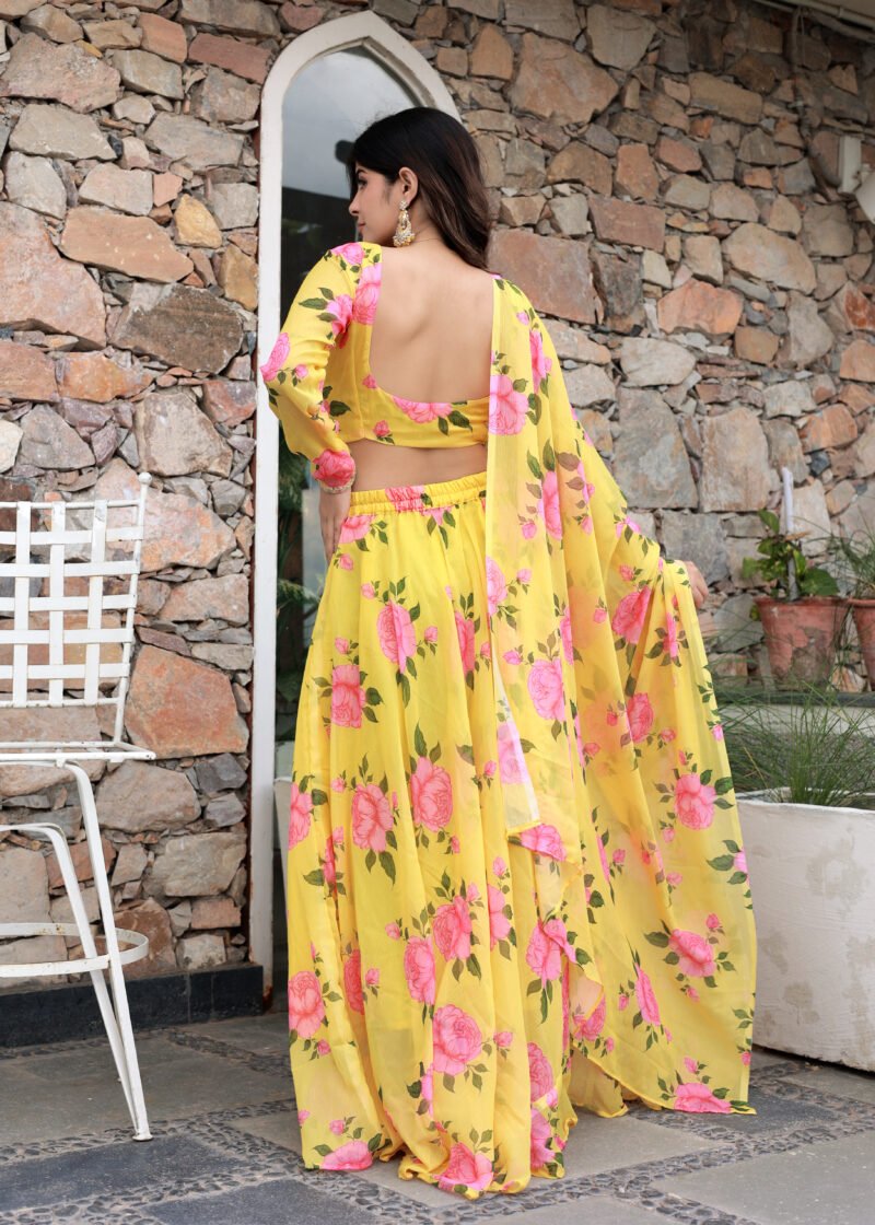 yellow chiffon print lehenga set