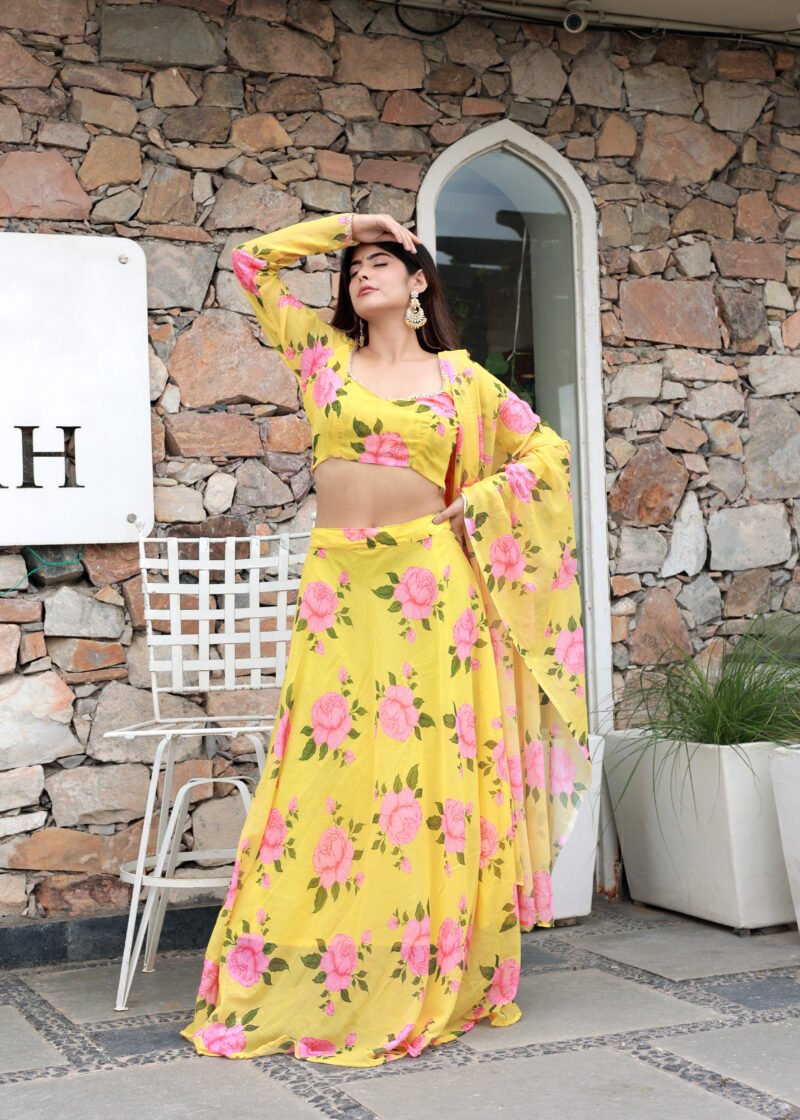 yellow chiffon print lehenga set