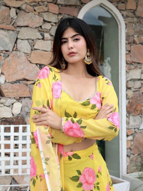 yellow chiffon print lehenga set