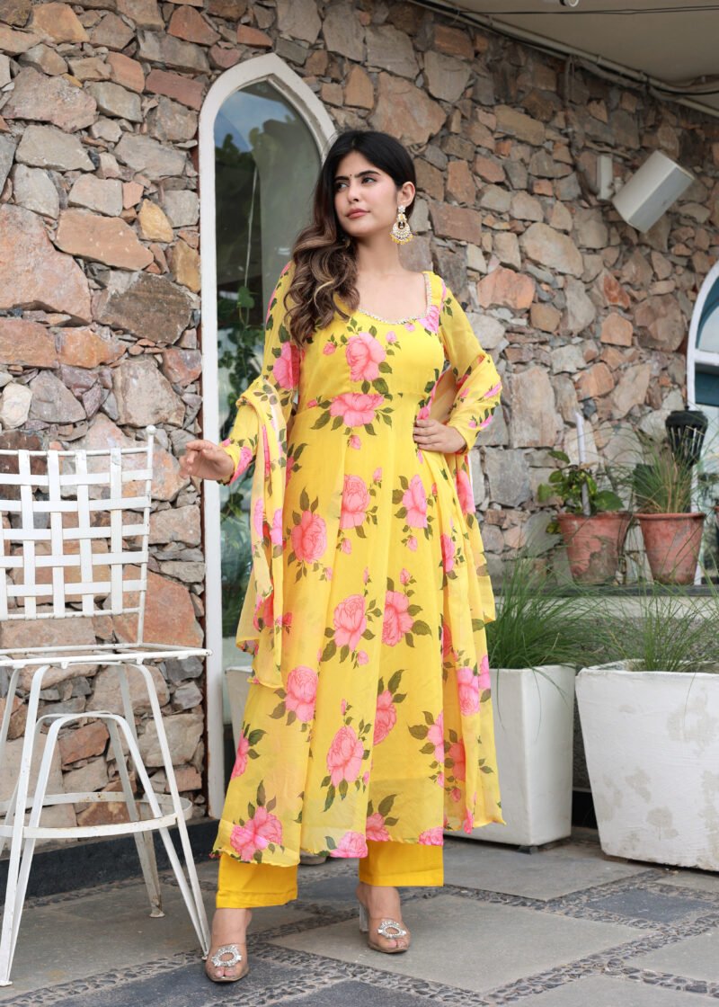 yellow chiffon print suit set