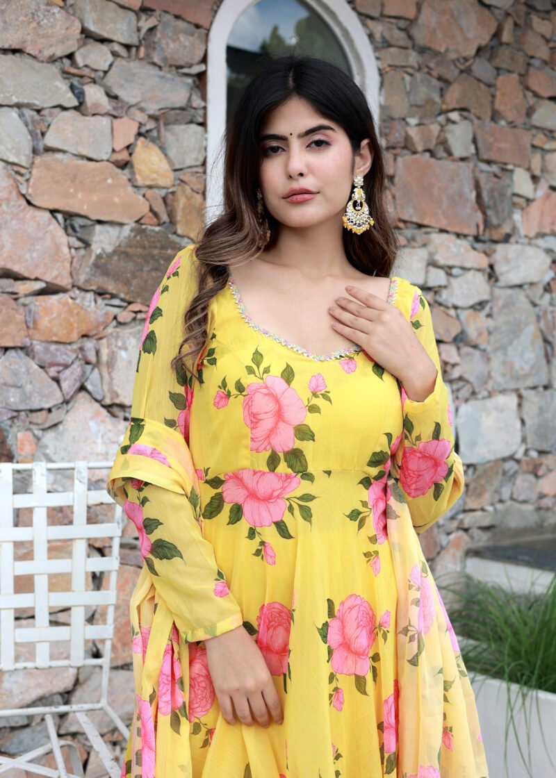 yellow chiffon print suit set