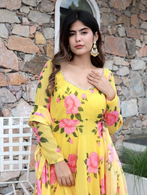 yellow chiffon print suit set