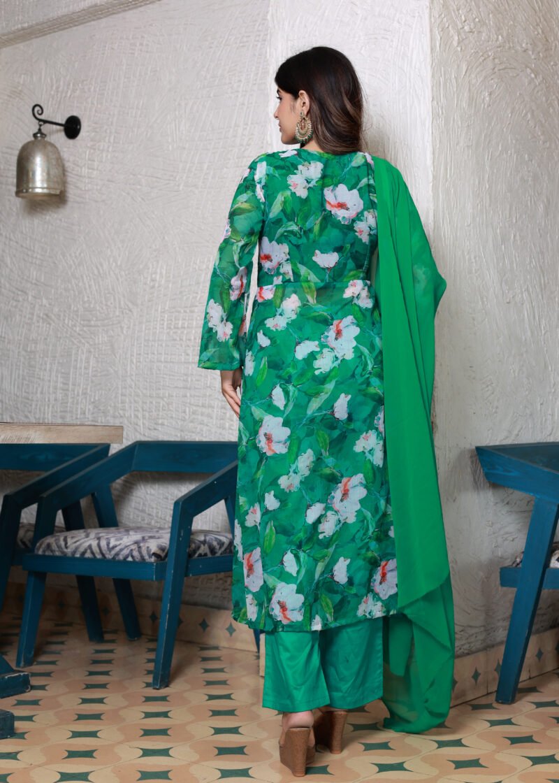 green chiffon front slit suit