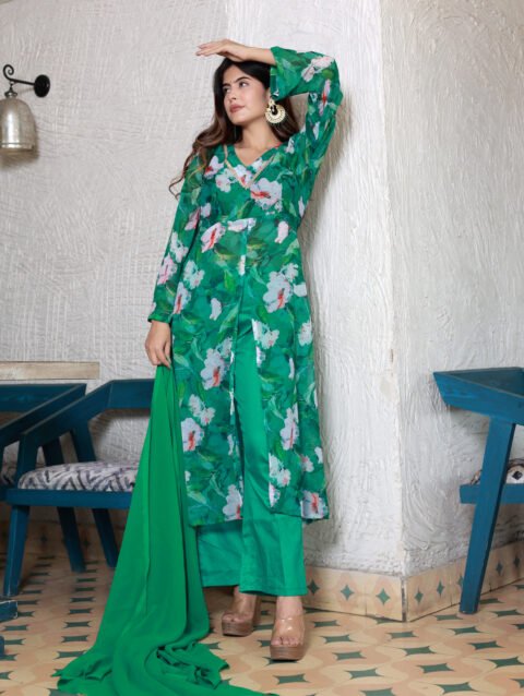 green chiffon front slit suit