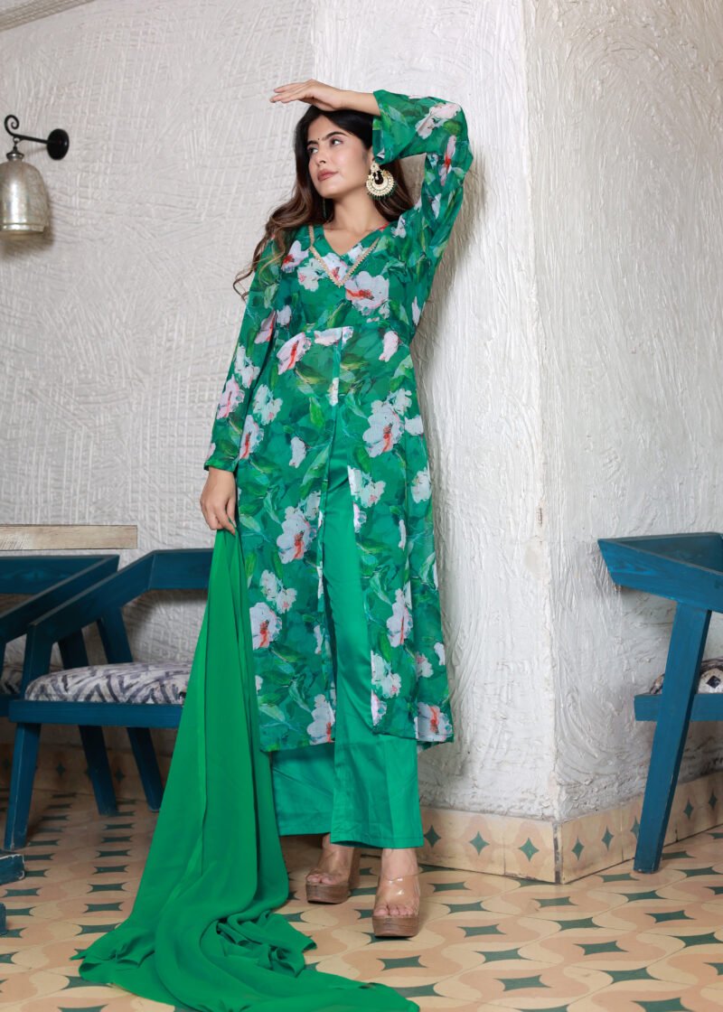 green chiffon front slit suit