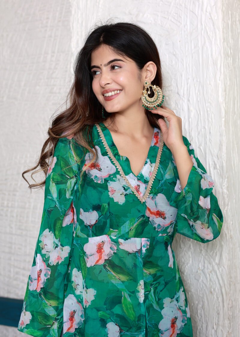 green chiffon front slit suit