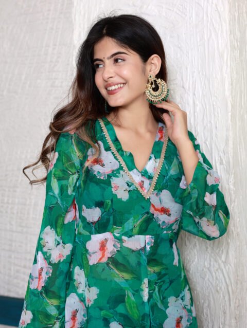 green chiffon front slit suit