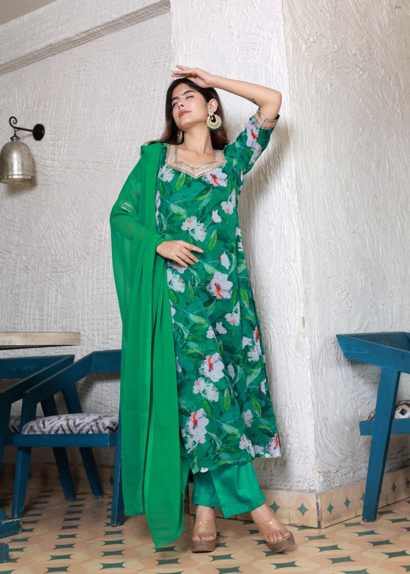 green chiffon straight suit set