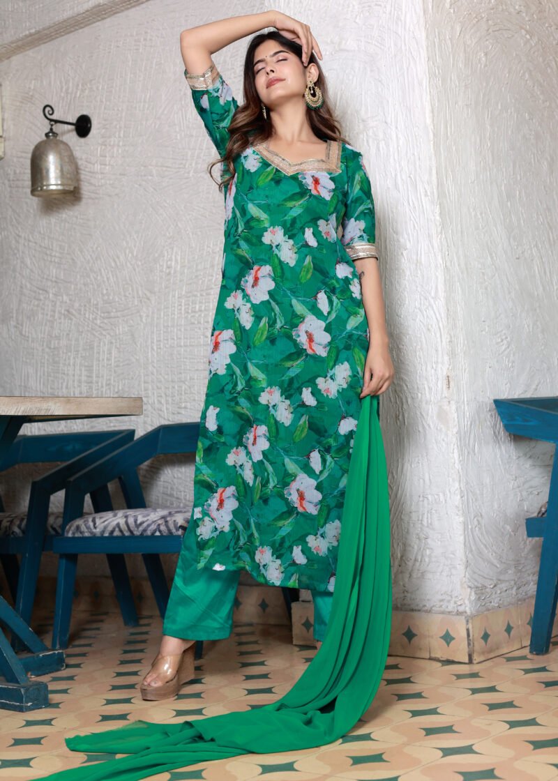 green chiffon straight suit set