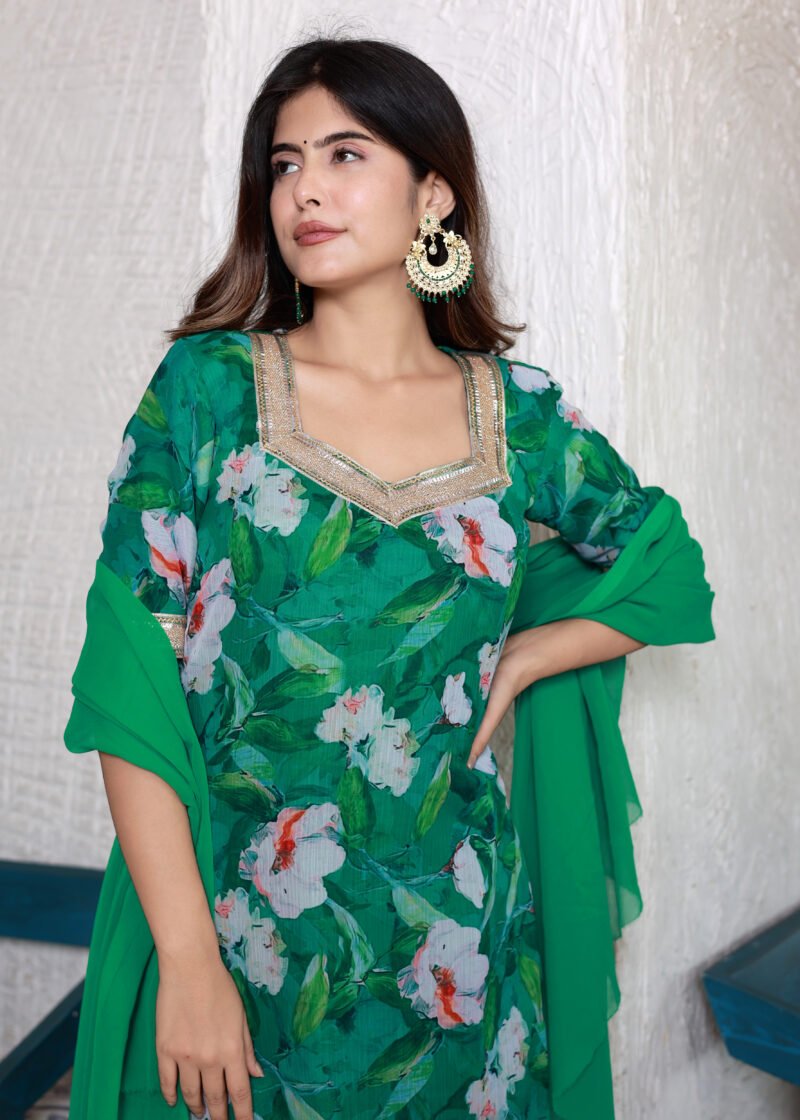 green chiffon straight suit set