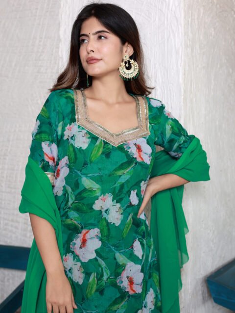 green chiffon straight suit set