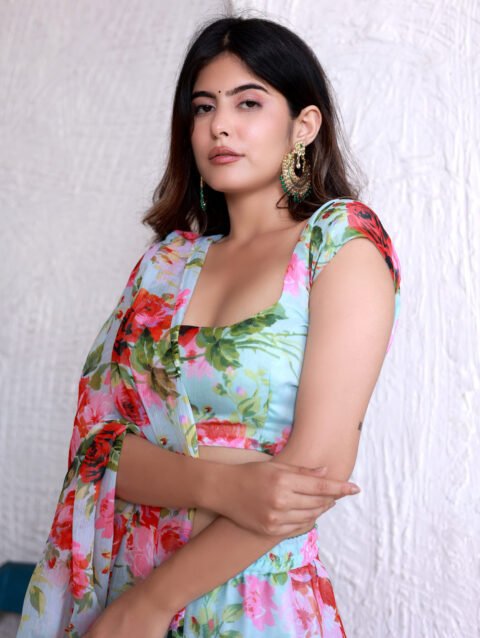 chiffon printed blue lehenga set