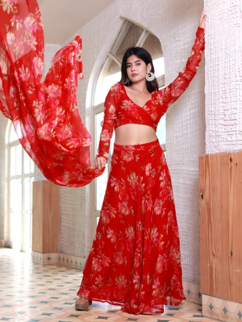 red chiffon lehenga set