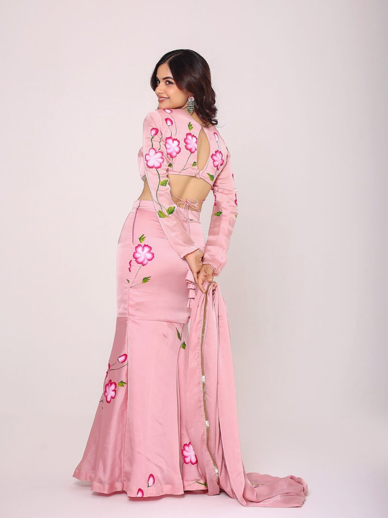 Pink satin hand paint lehenga set