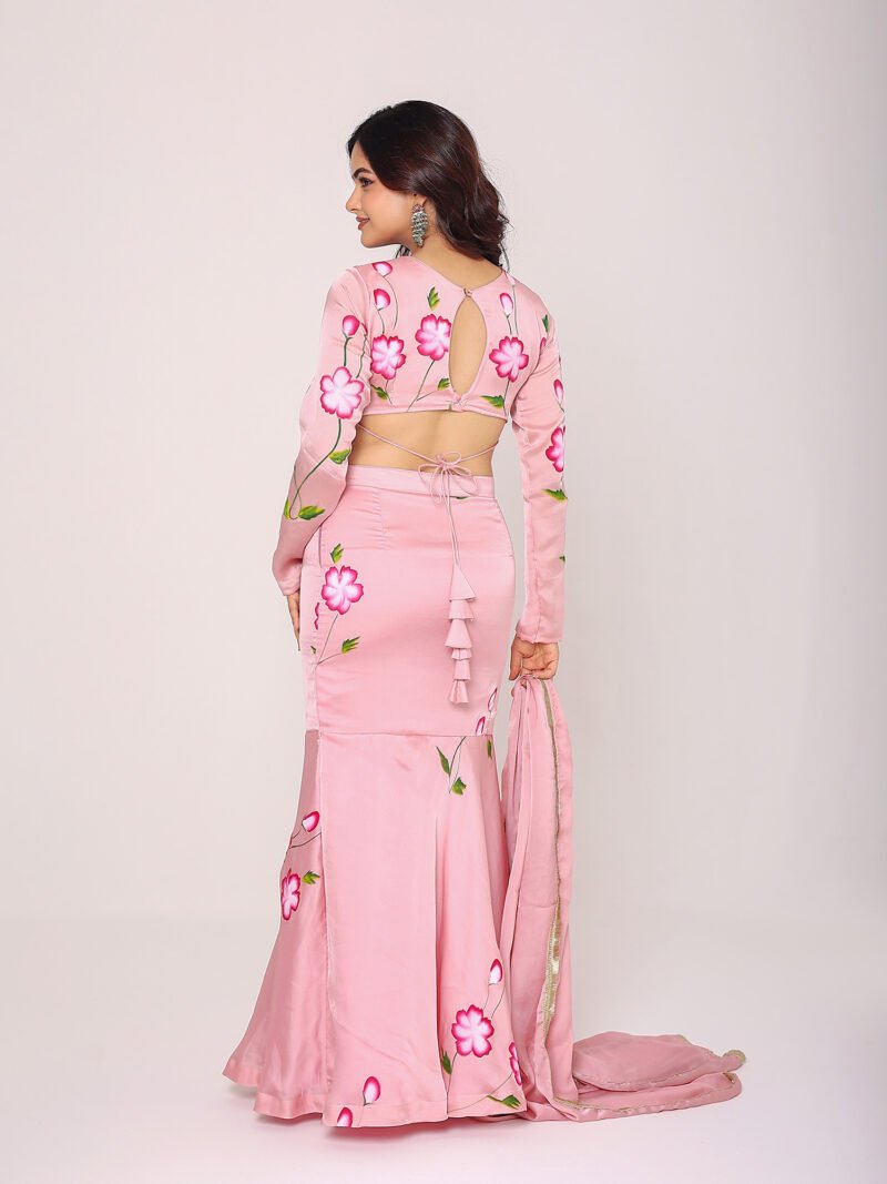 Pink satin hand paint lehenga set