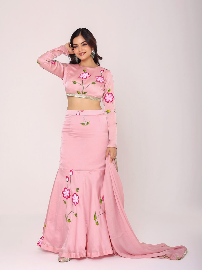 Pink satin hand paint lehenga set
