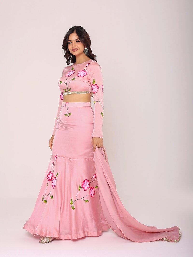 Pink satin hand paint lehenga set