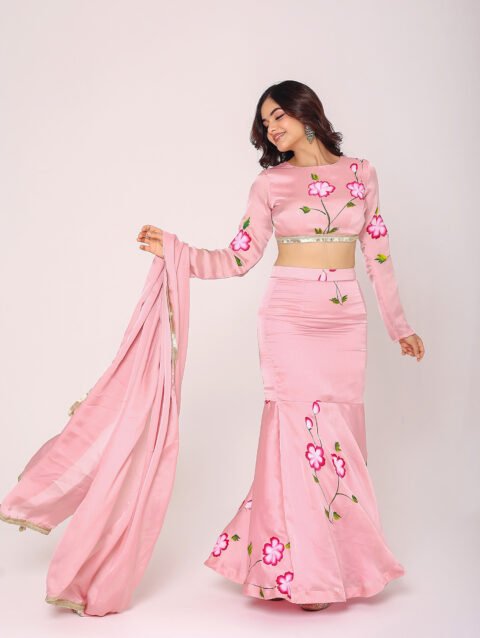 Home 12 Pink satin hand paint lehenga set